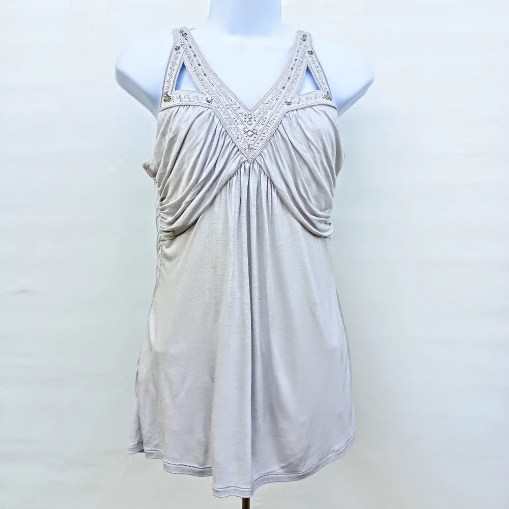 White House Black Market Sleeveless Draping Jeweled Top Jersey Ice Gray X Small - Picture 10 of 10
